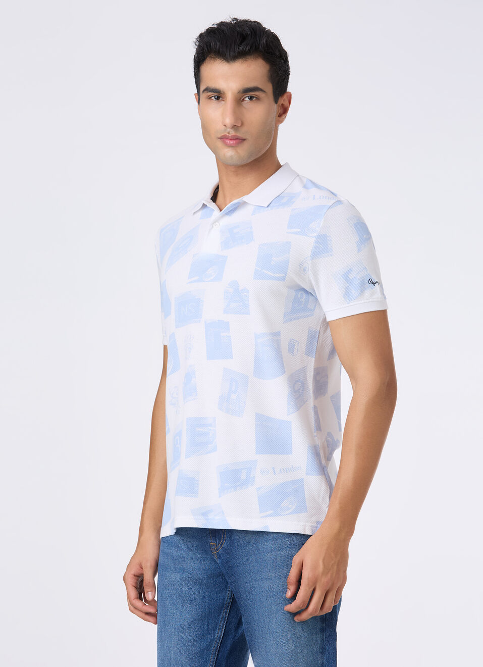 Men Sky Blue Graphic Print Polo, , large image number 3