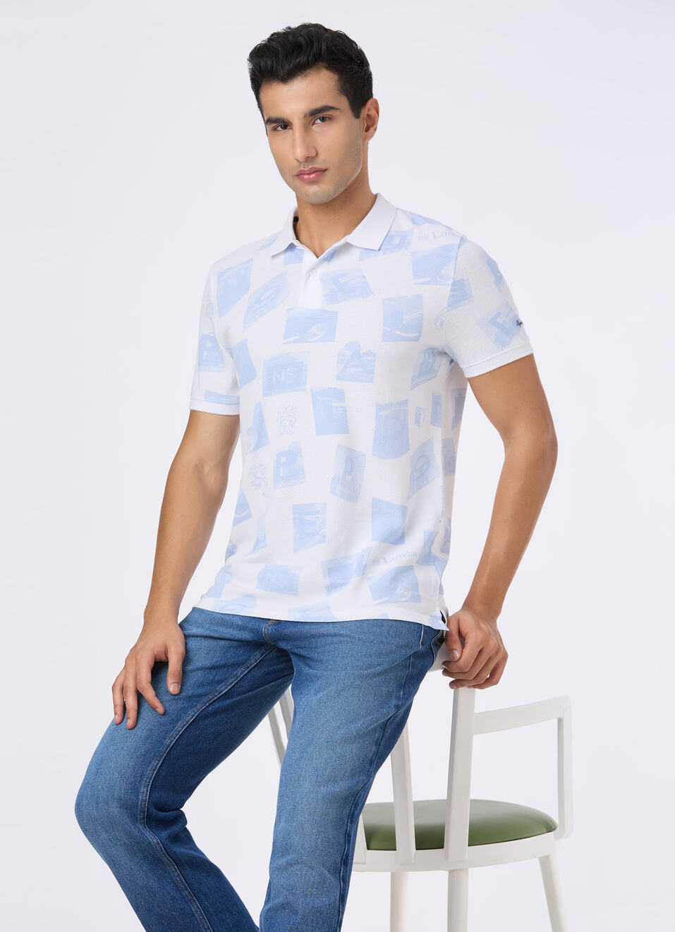 Men Sky Blue Graphic Print Polo, , large image number 0