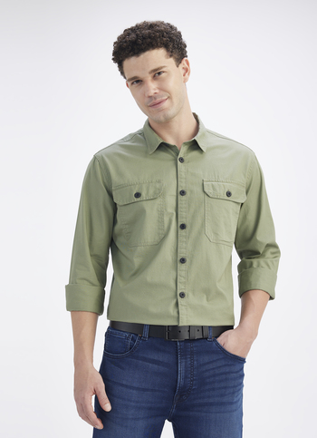 Men Olive Solid Long Sleeve Shirt With Double Flap Pockets