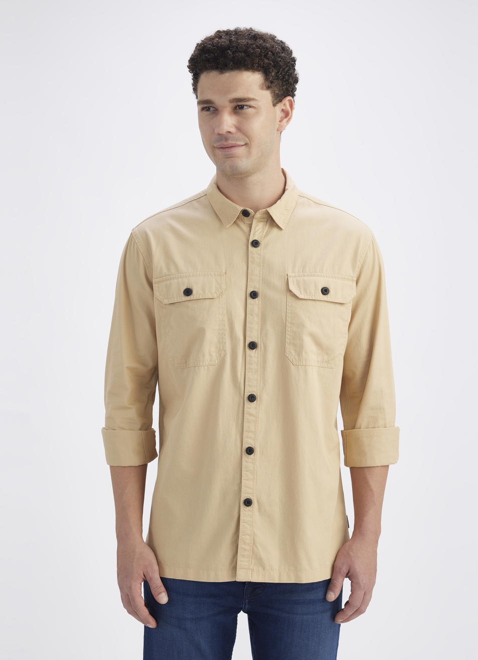 Men Khaki Solid Long Sleeve Shirt With Double Flap Pockets, , large image number 1
