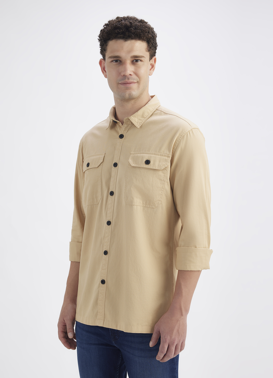Men Khaki Solid Long Sleeve Shirt With Double Flap Pockets, , large image number 3