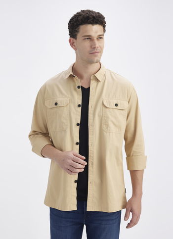 Men Khaki Solid Long Sleeve Shirt With Double Flap Pockets