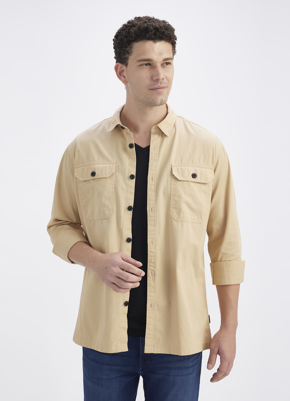 Men Khaki Solid Long Sleeve Shirt With Double Flap Pockets, , large image number 0