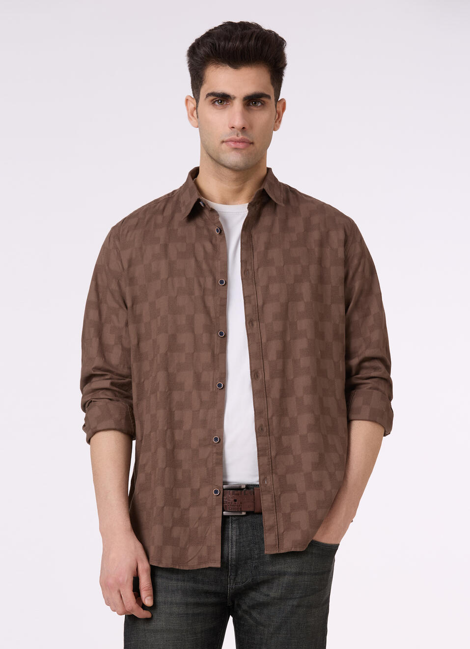 Men Light Brown Structured Full Sleeve Shirt, , large image number 0