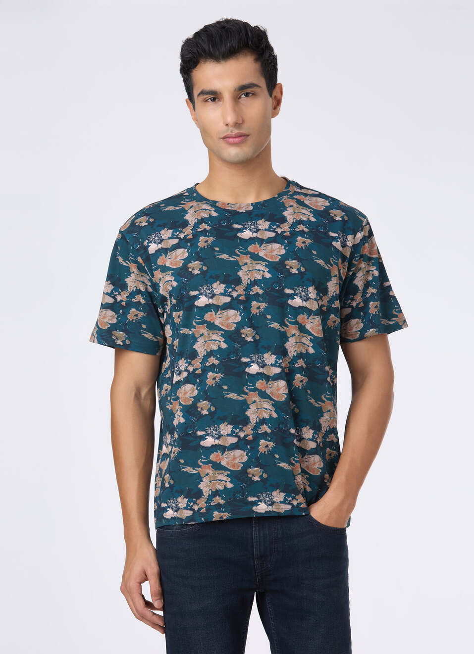 Men Teal Floral Print Relaxed T-shirt, , large image number 1