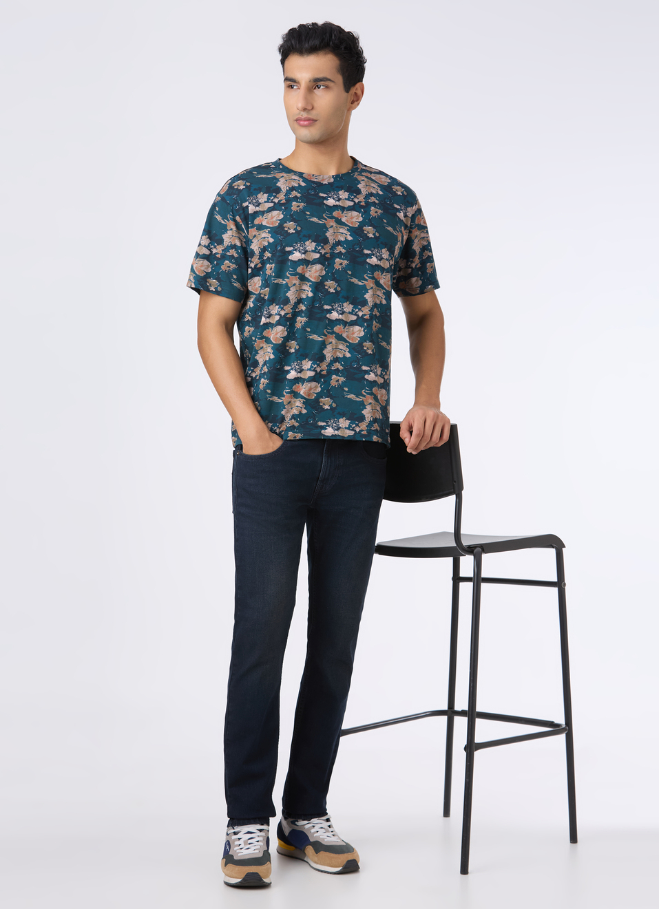 Men Teal Floral Print Relaxed T-shirt, , large image number 5