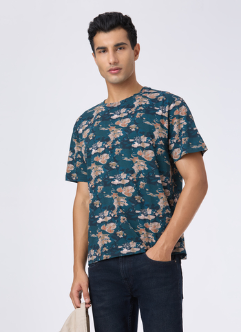 Men Teal Floral Print Relaxed T-shirt