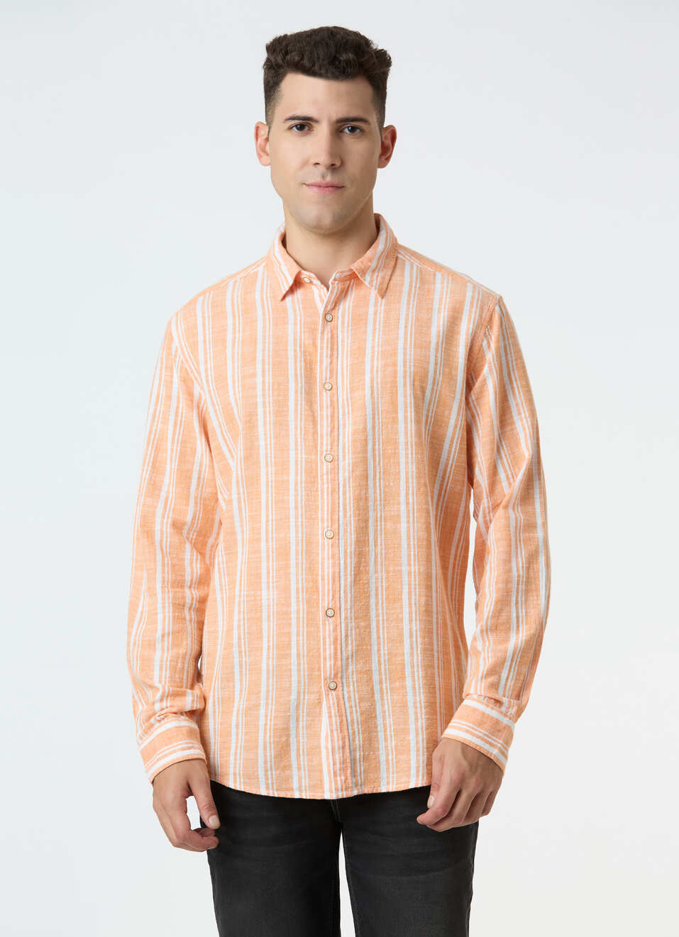 Men Orange Vertical Stripe Full Sleeve Shirt, , large image number 1