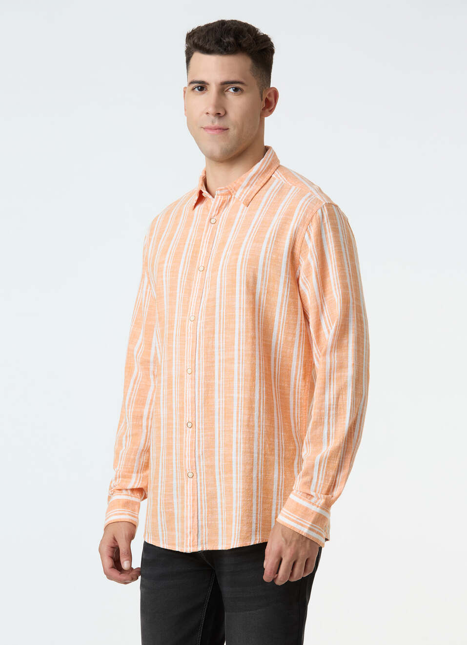 Men Orange Vertical Stripe Full Sleeve Shirt, , large image number 3