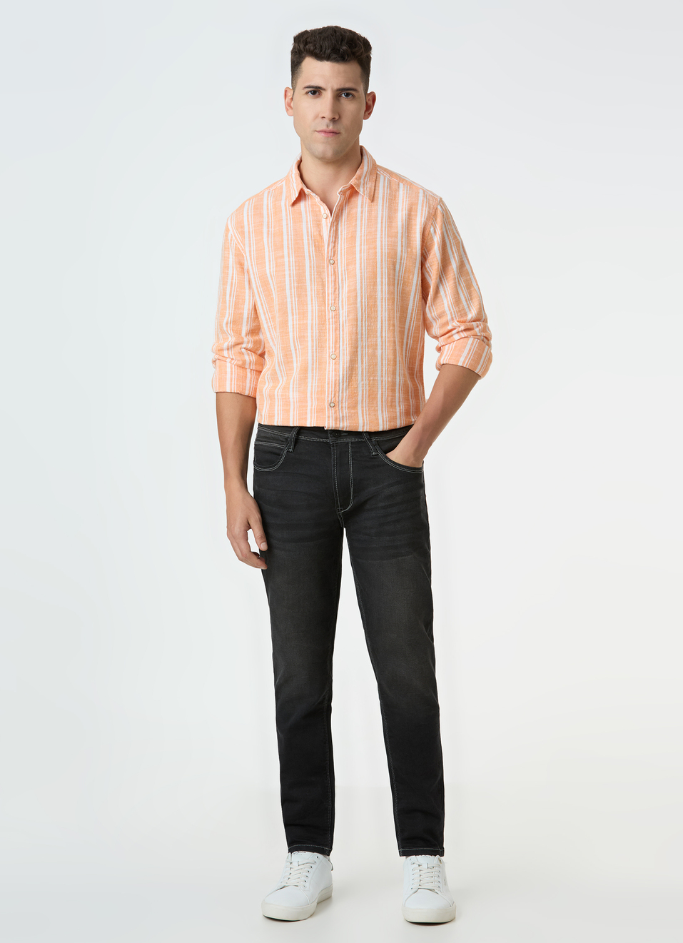 Men Orange Vertical Stripe Full Sleeve Shirt, , large image number 5