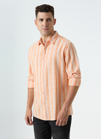 Men Orange Vertical Stripe Full Sleeve Shirt