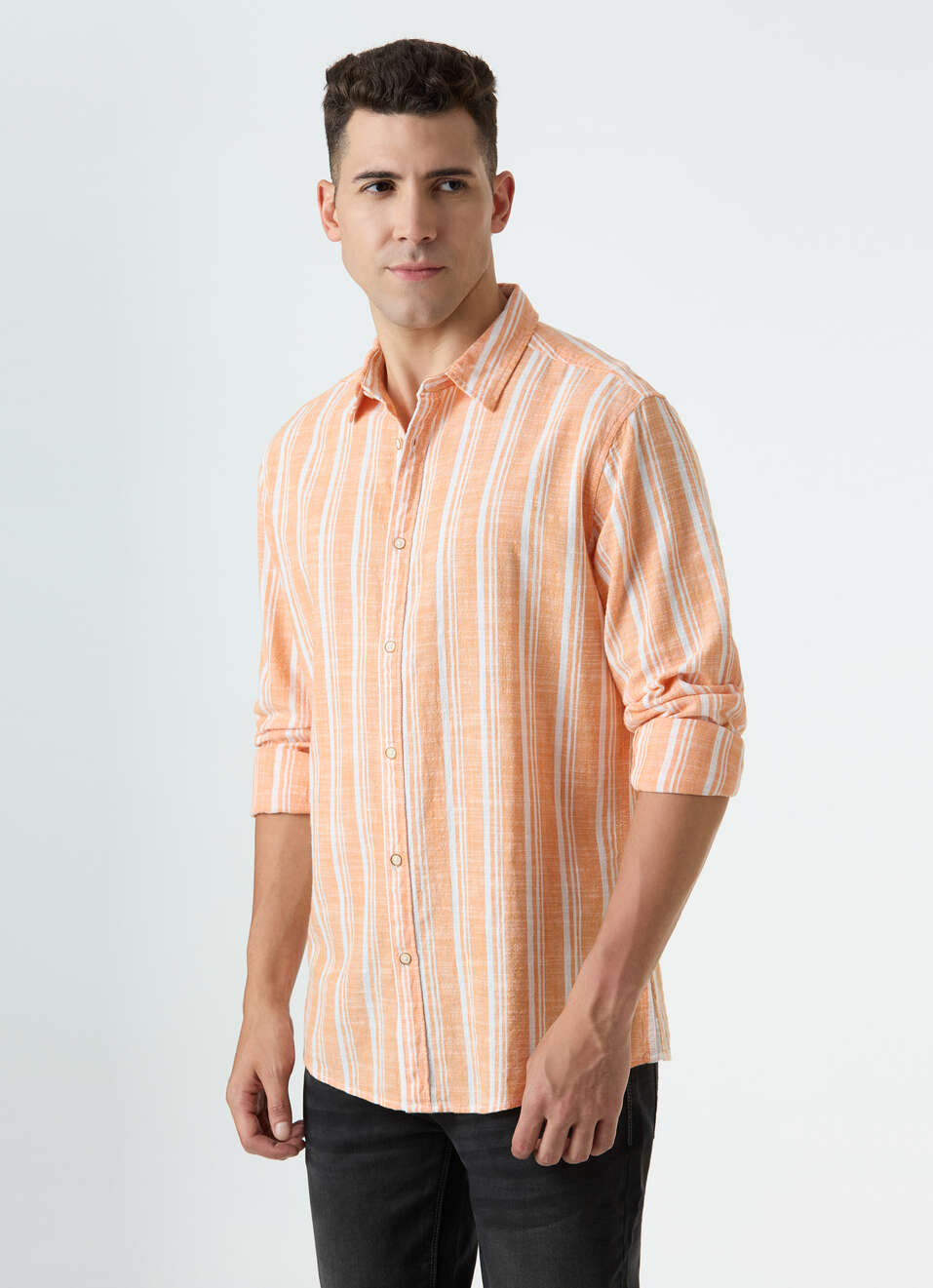 Men Orange Vertical Stripe Full Sleeve Shirt, , large image number 0