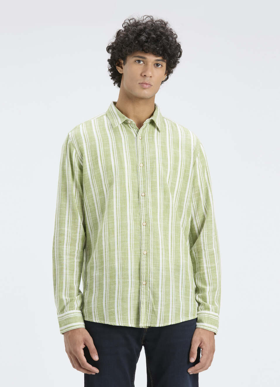 Men Green Vertical Stripe Full Sleeve Shirt, , large image number 1
