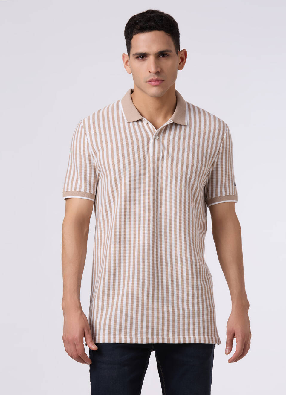 Men Beige Striped Regular Fit Polo, , large image number 1