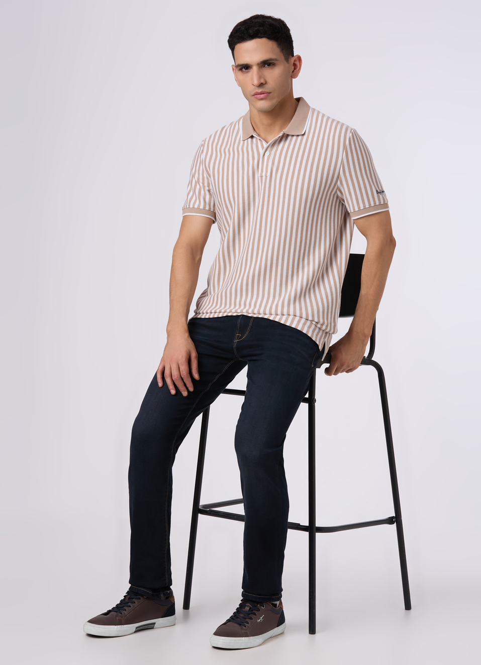 Men Beige Striped Regular Fit Polo, , large image number 5