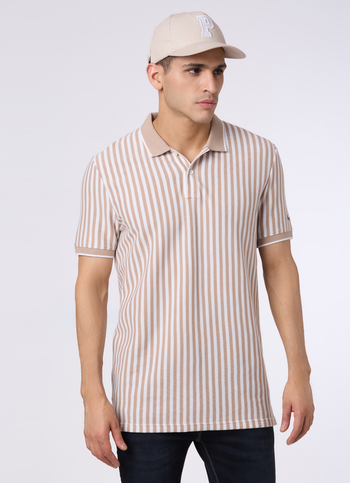 Men Beige Striped Regular Fit Polo