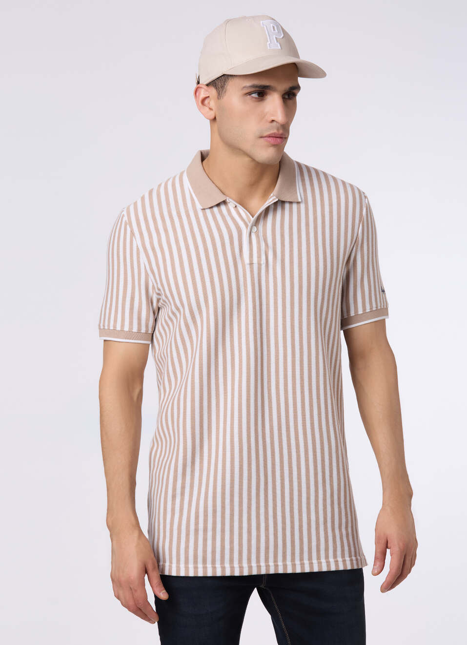 Men Beige Striped Regular Fit Polo, , large image number 0