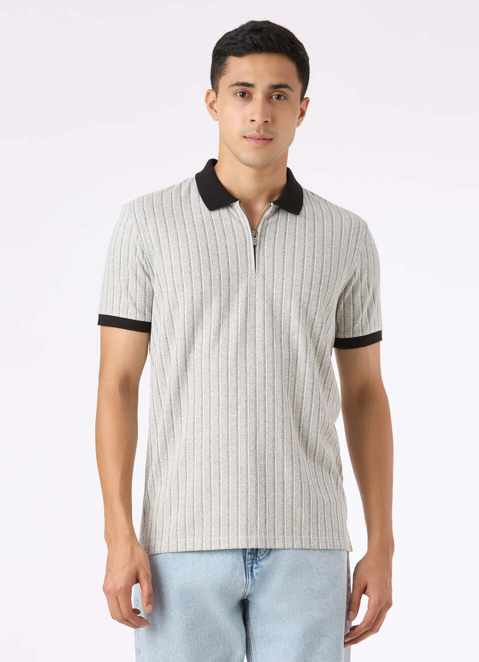Men Grey Vertical Textured Stripe Zip Neck Polo, , large image number 1