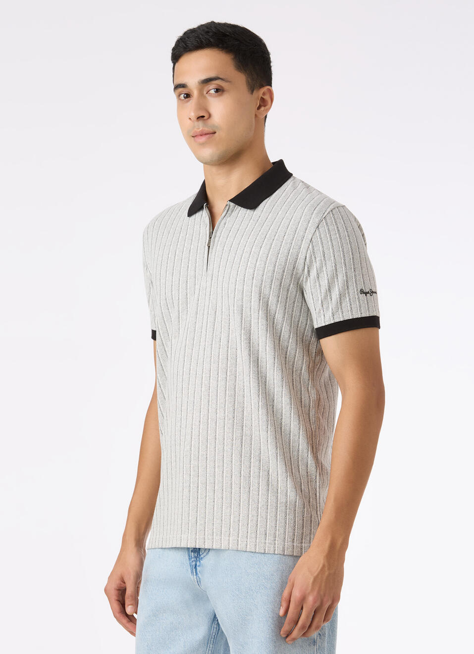 Men Grey Vertical Textured Stripe Zip Neck Polo, , large image number 3