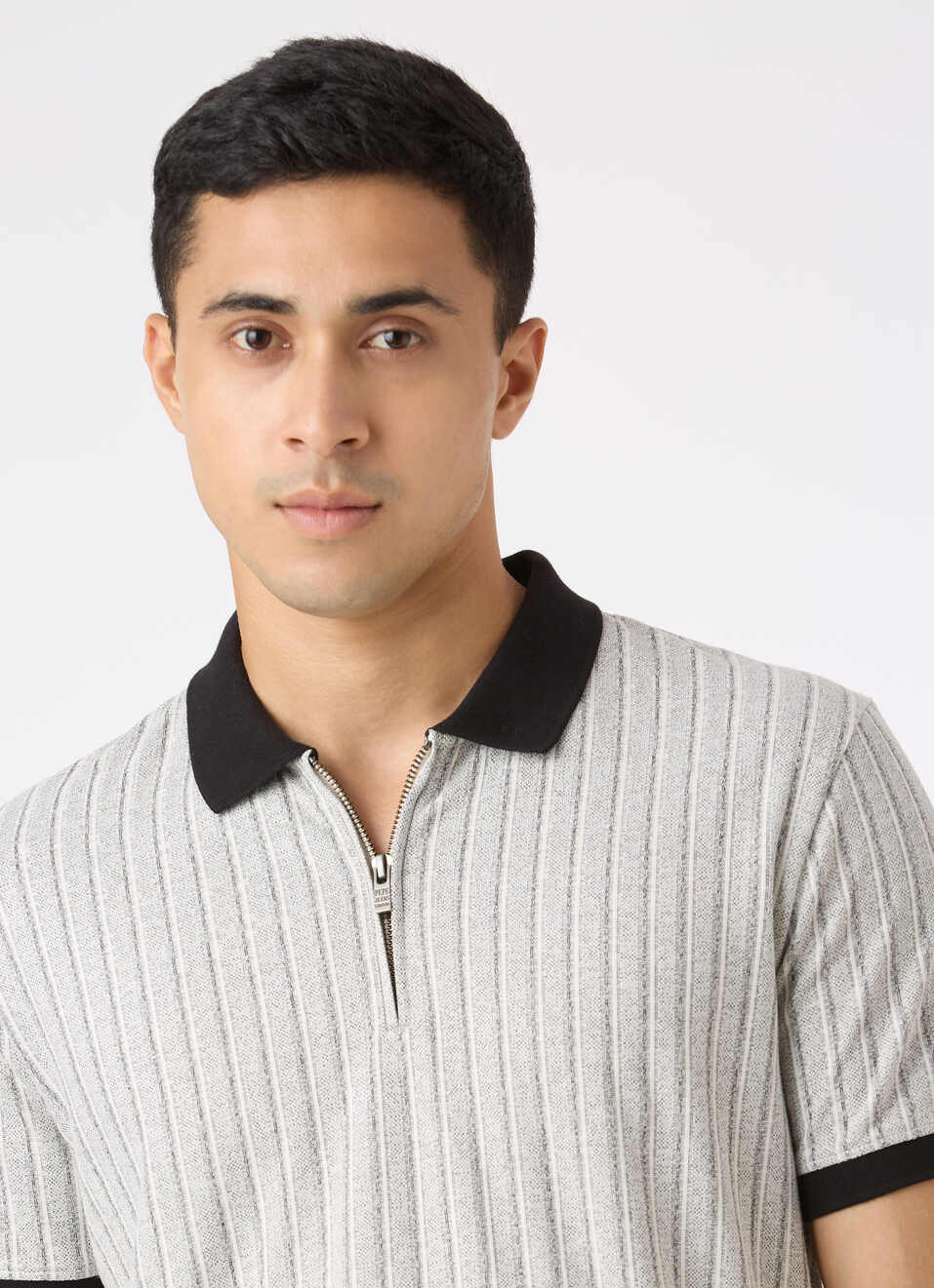 Men Grey Vertical Textured Stripe Zip Neck Polo, , large image number 4