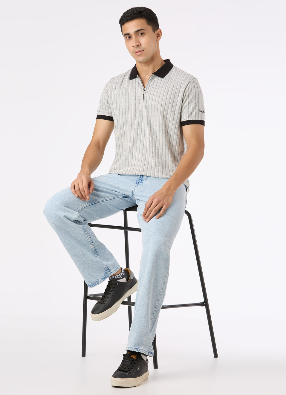 Men Grey Vertical Textured Stripe Zip Neck Polo, , large image number 5