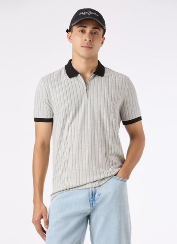 Men Grey Vertical Textured Stripe Zip Neck Polo