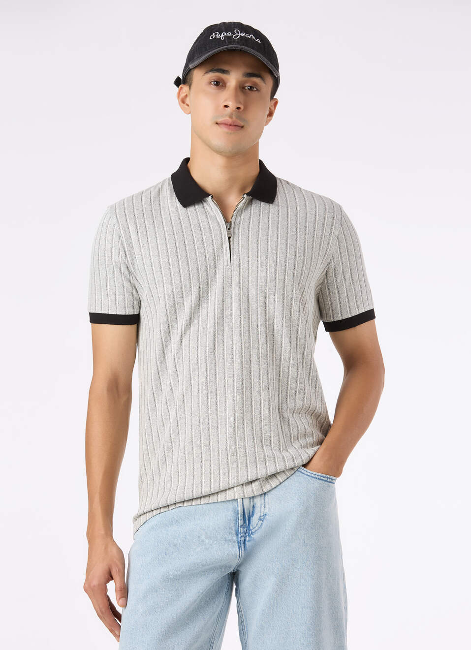 Men Grey Vertical Textured Stripe Zip Neck Polo, , large image number 0
