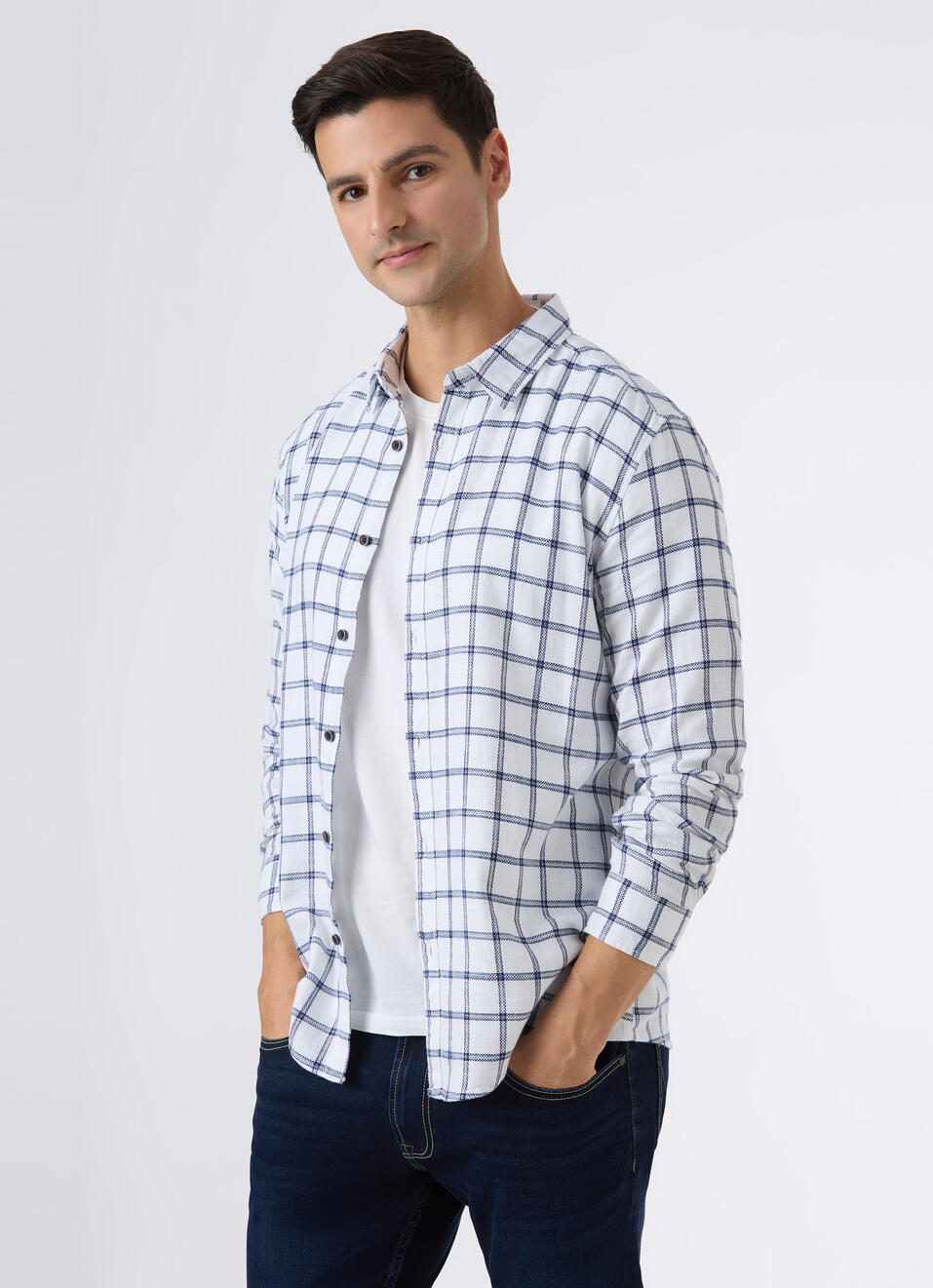 Men White Check Full Sleeve Shirt, , large image number 0