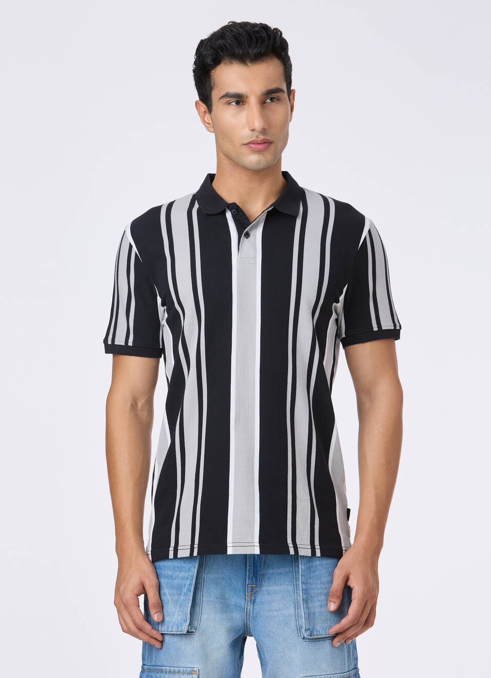 Men Black Vertical Stripe Polo, , large image number 1