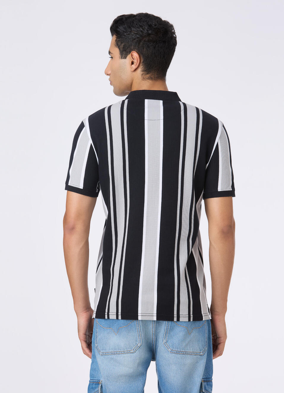 Men Black Vertical Stripe Polo, , large image number 2
