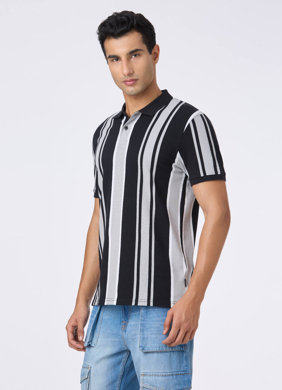 Men Black Vertical Stripe Polo, , large image number 3