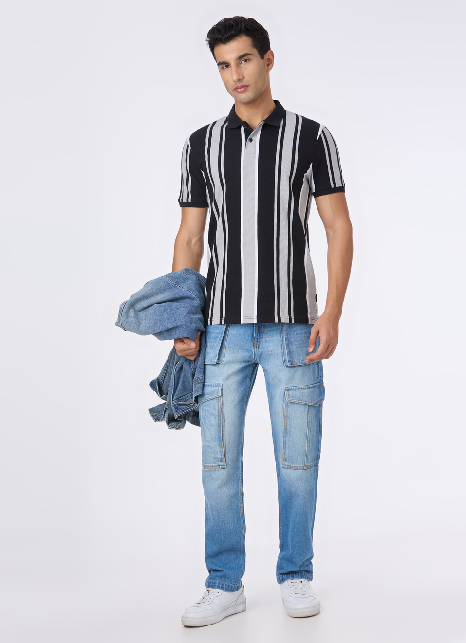 Men Black Vertical Stripe Polo, , large image number 5