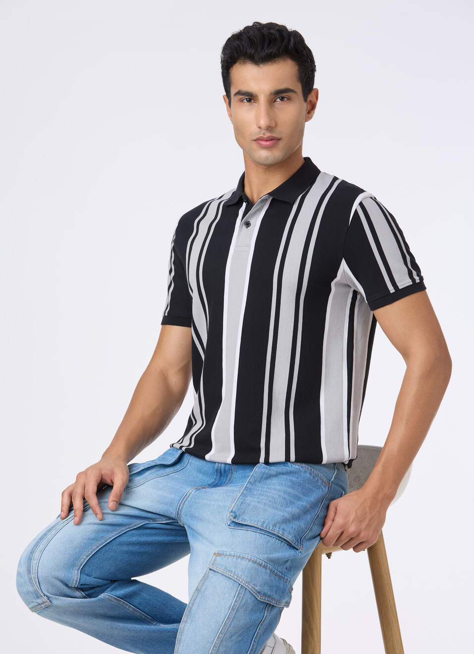 Men Black Vertical Stripe Polo, , large image number 0