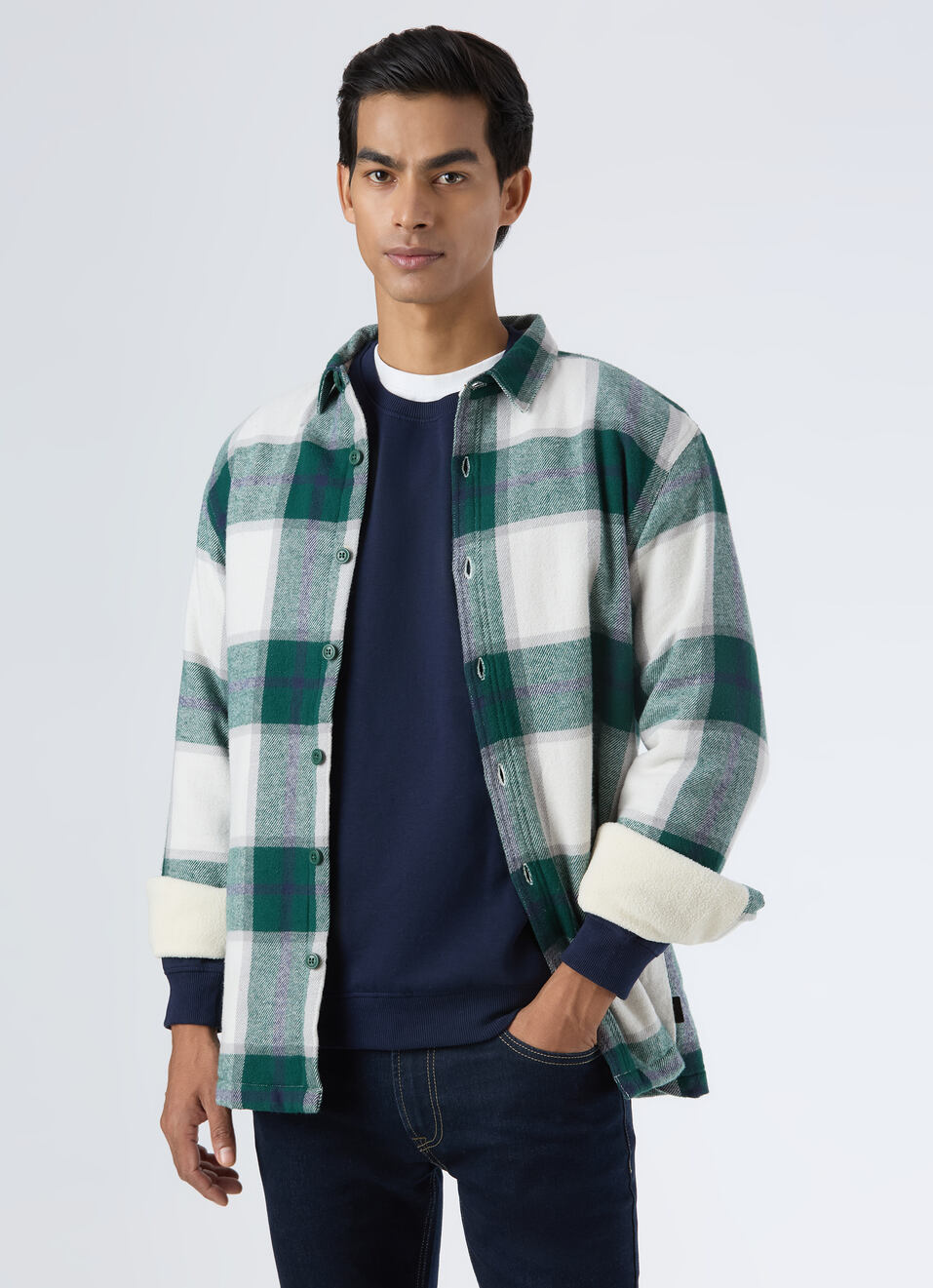 Men Green & White Oversized Check Full Sleeve Shirt, , large image number 0