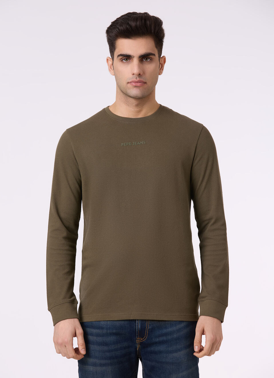 Men Leaf Green Textured Full Sleeve T-shirt, , large image number 1