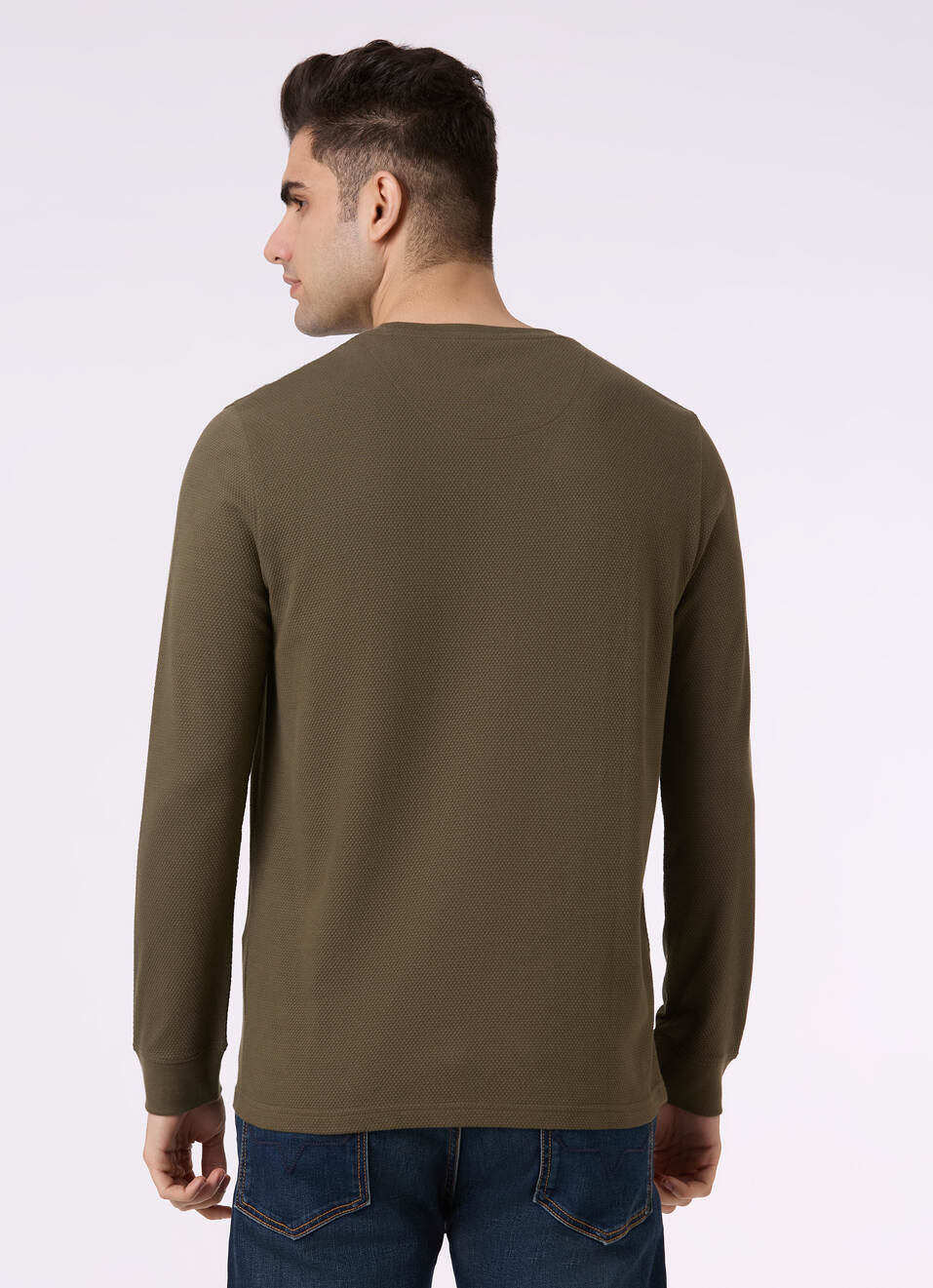 Men Leaf Green Textured Full Sleeve T-shirt, , large image number 2