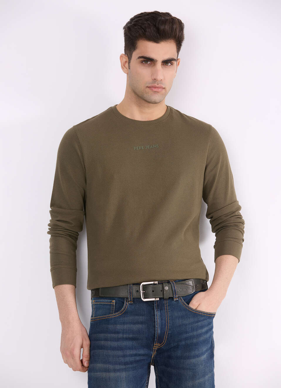 Men Leaf Green Textured Full Sleeve T-shirt, , large image number 0