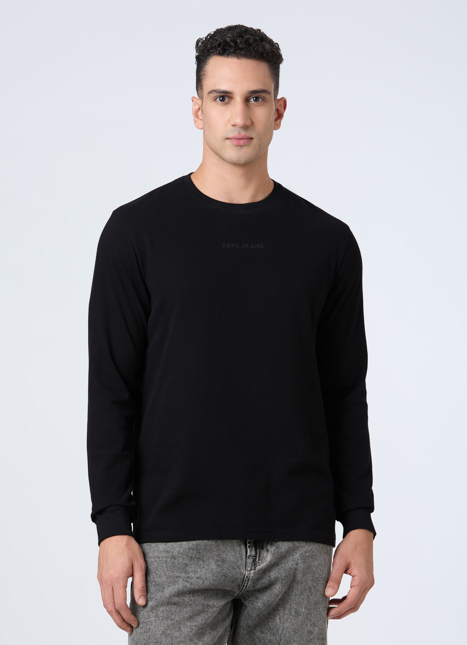 Men Black Textured Full Sleeve T-shirt, , large image number 1