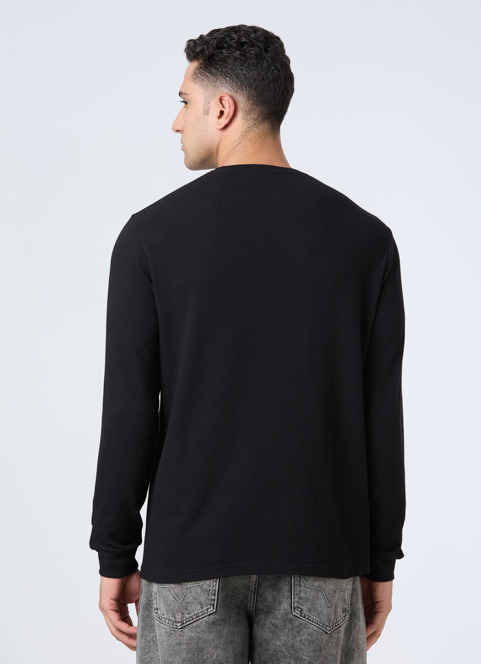 Men Black Textured Full Sleeve T-shirt, , large image number 2