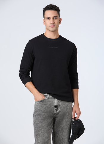 Men Black Textured Full Sleeve T-shirt