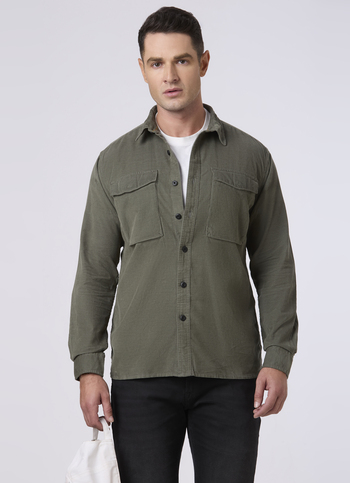 Men Green Corduroy Flap Pocket Full Sleeve Shirt