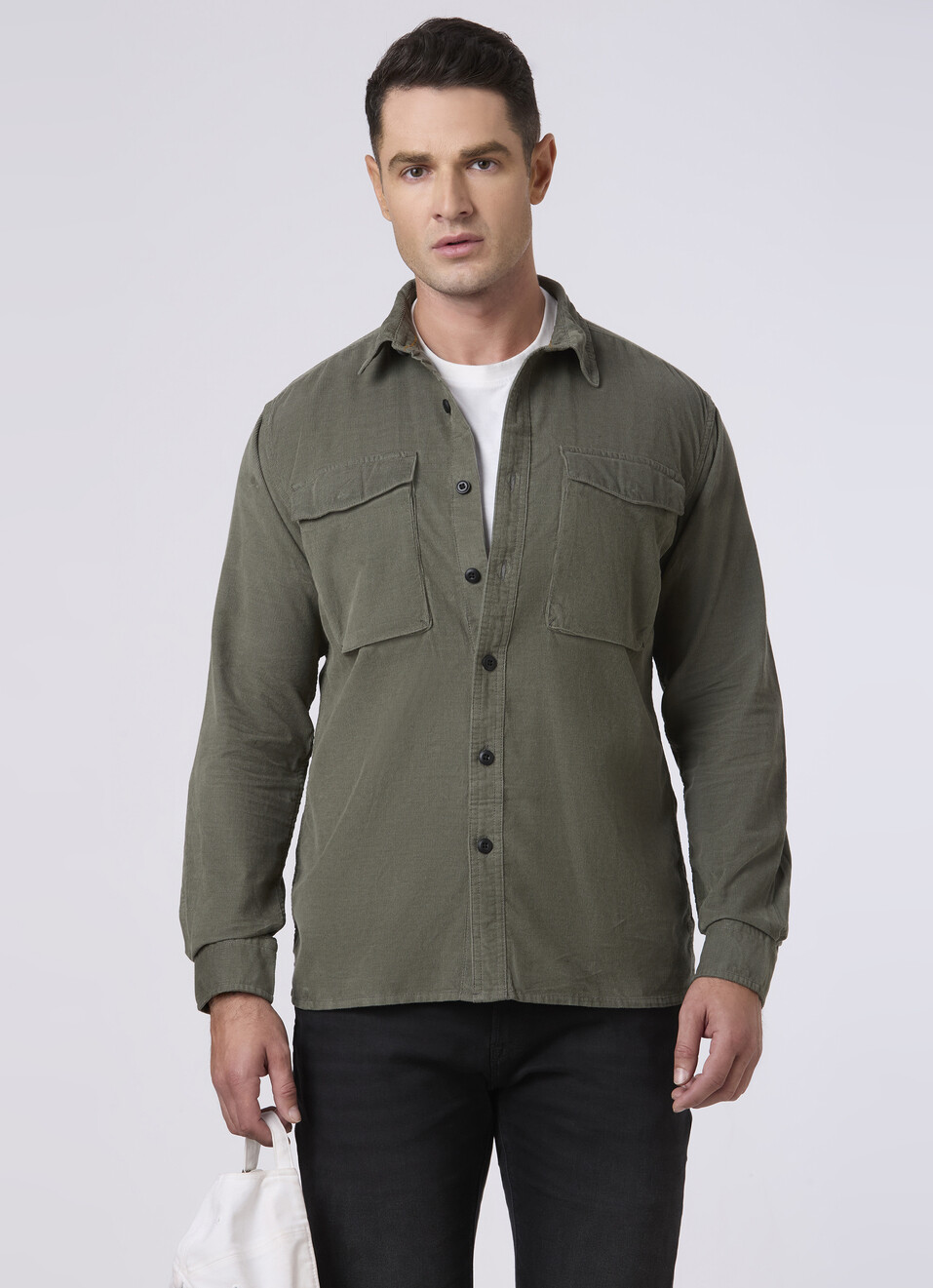 Men Green Corduroy Flap Pocket Full Sleeve Shirt, , large image number 0