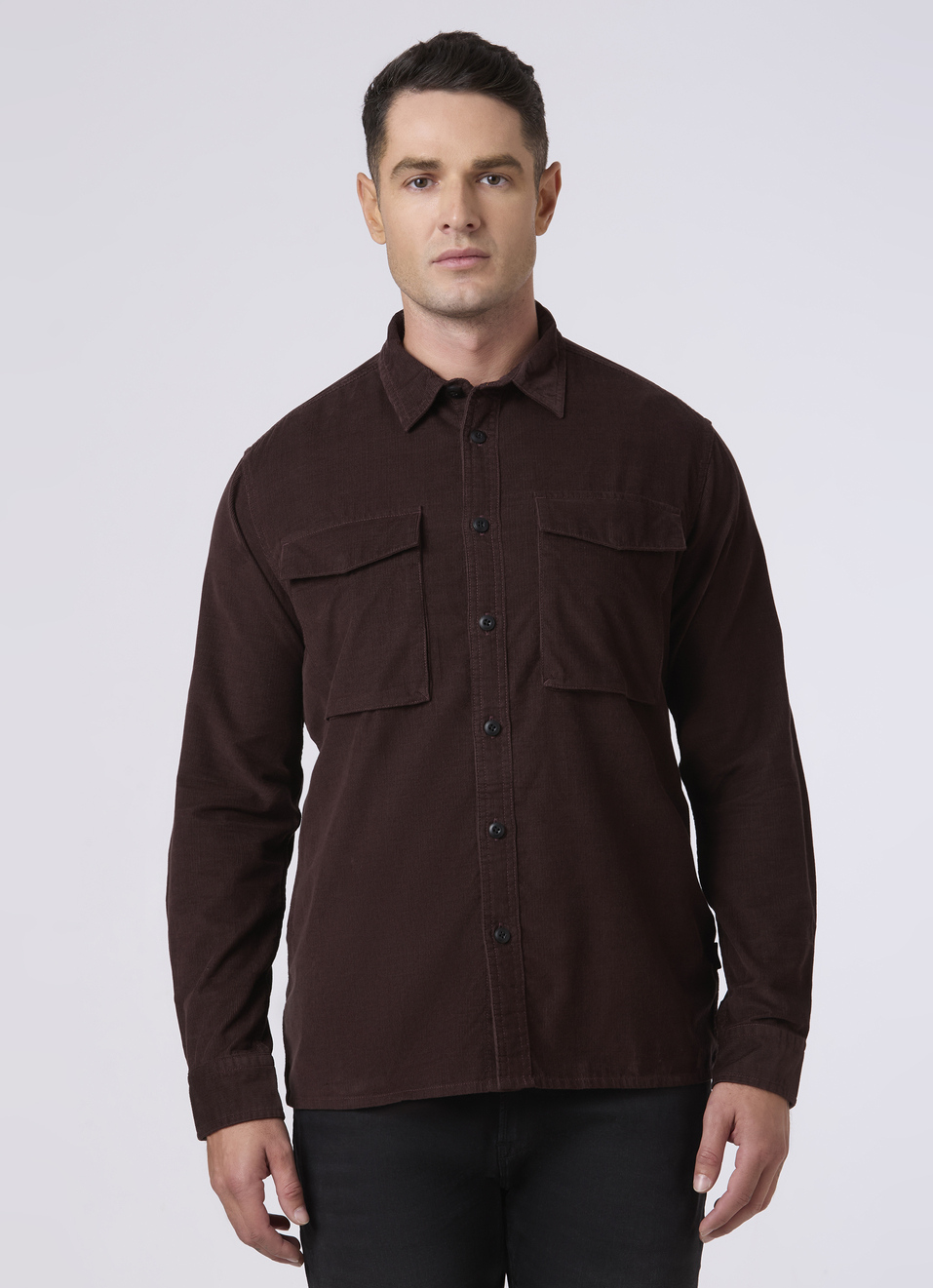 Men Brown Corduroy Flap Pocket Full Sleeve Shirt, , large image number 1