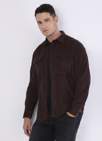 Men Brown Corduroy Flap Pocket Full Sleeve Shirt