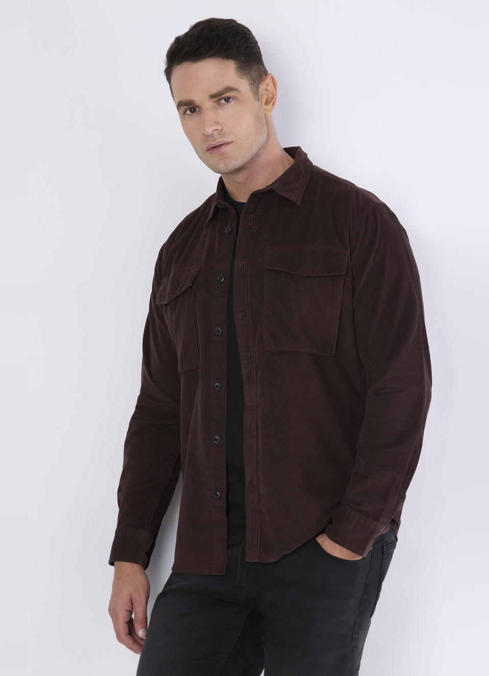 Men Brown Corduroy Flap Pocket Full Sleeve Shirt, , large image number 0