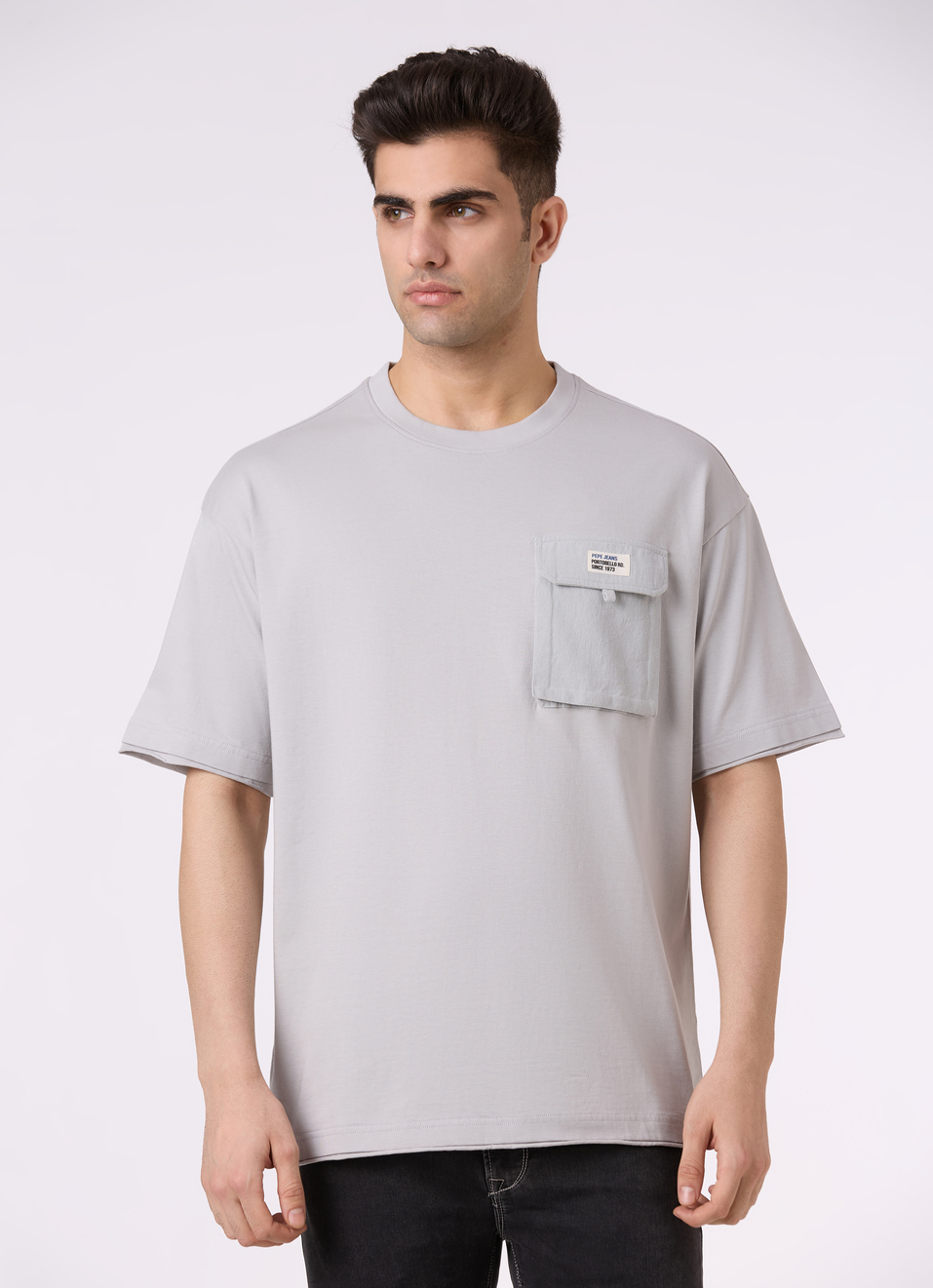 Men Grey Utility Pocket Short Sleeve Oversized T-shirt, , large image number 1