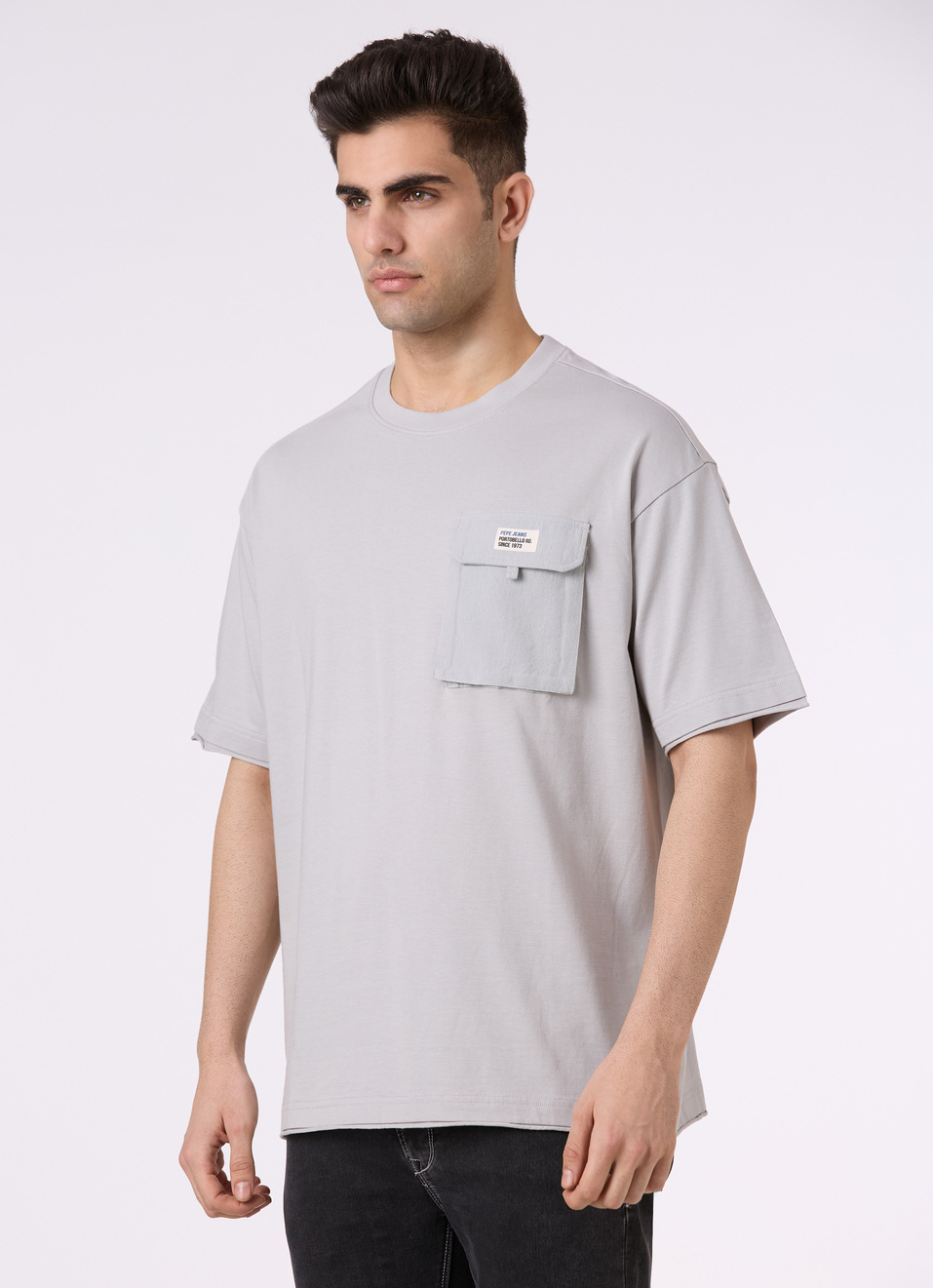 Men Grey Utility Pocket Short Sleeve Oversized T-shirt, , large image number 3