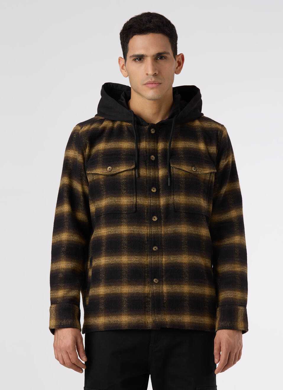 Men Oversized Black Checked Hooded Shirt, , large image number 1