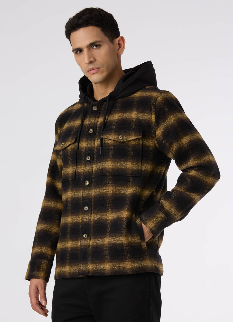 Men Oversized Black Checked Hooded Shirt, , large image number 3