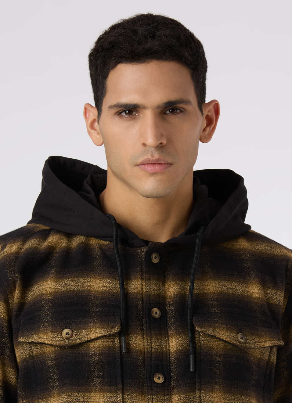 Men Oversized Black Checked Hooded Shirt, , large image number 4